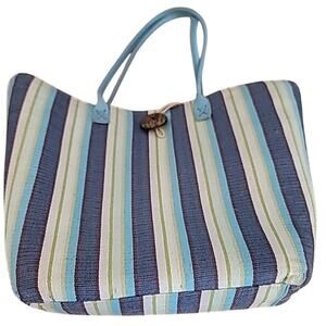 Sun “n" Sand Large Beach Tote Bag Multi-color Blue Cream Striped Travel CarryON